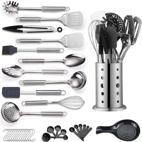 Reanea Set di utensili da cucina, 39 pezzi, set di utensili da cucina in acciaio inossidabile, spatole con robusto portautensili in acciaio inossidabile, lavabili in lavastoviglie