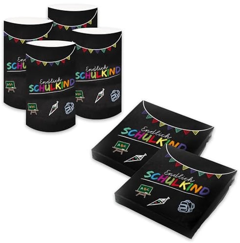itenga Servietten Endlich Schulkind 30 x 30 cm 3-lagig 40 Stück für Einschulung Schulanfang 3lagig (SET schwarz 40 Servietten + 6x Windlicht)