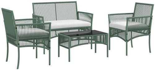Outsunny Salon de Jardin extérieur 4 pièces canapé 2 Places + 2 fauteuils + 1 Table Basse Plateau Verre trempé Noir 3 Coussins d'assise - métal et résine tressée - Vert