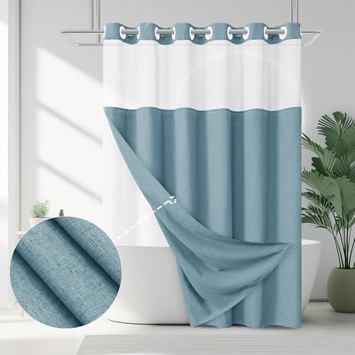 Jowels Tenda da doccia e fodera in lino senza bisogno di ganci, tende da doccia blu con decorazione di lusso per il bagno con finestra superiore trasparente, tessuto impermeabile, 72 x 72 cm, blu