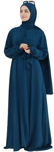 Muslimisches Damenkleid, Naher Osten, arabisches Gewand, islamisch, bescheidenes Kleid mit Hijab-Schal, Spitzenärmel, fließendes Abaya-Kleid, Blau, One Size
