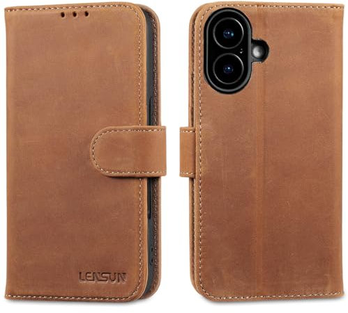 LENSUN Echtleder Hülle für iPhone 16, Handyhülle [Echtes Leder][Standfunktion][RFID Schutz] Handytasche Lederhülle Kompatibel mit iPhone 16 5G(6,1) - Vintage Braun