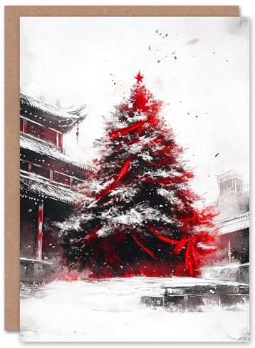 Artery8 Majestic Tree Snowy Chinese Temple Blank For Him Or Her Art Xmas Festive Christmas Card