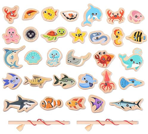 Mmgoqqt Magnetisches Angelspiel Holzspielzeug, 2 In 1 Holz Magnetspiel Motorikspielzeug Holzspielzeug Geschenk FüR Junge Und MäDchen