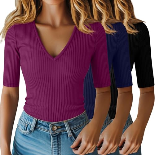 Riyiper 3 Pack Womens Half Sleeve V Neck Ribbed Tops | Elbow Sleeve Length Shirts, Ladies 95% Cotton Blend Casual Tees, Slim Fit Basic Undershirts, Soft and Lightweight for Summer