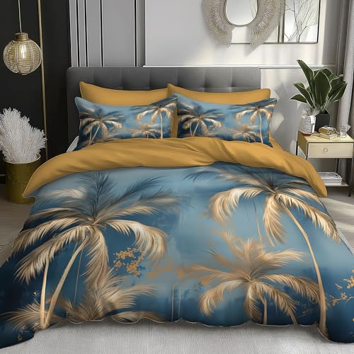 Moderne Kunst Bettwäsche 135X200Cm, Blaues Gold Palmen Bettwäsche Set Deckenbezug Bettwaesche, Weich Microfaser Bettbezug 135X200Cm Und 2 Kissenbezüge 80X80Cm Mit Reißverschluss