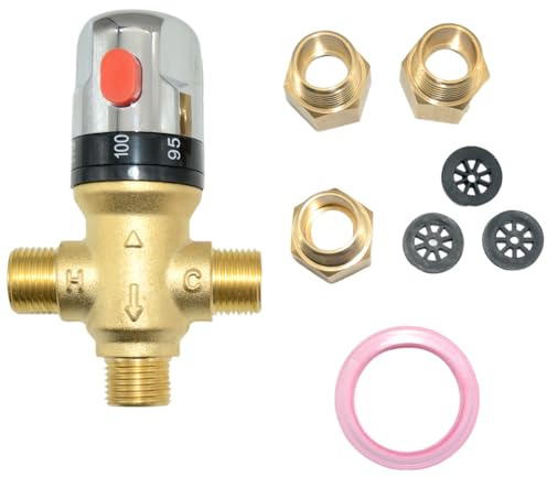 Megairon Thermostatic Mixing Valve,1/2 NPT Thread Water Heater Solid Brass- Golden Thermostatic Shower Valve for bathroom showers, solar systems and kitchen faucets,etc. (Golden)