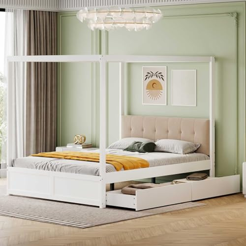 YEHTOKHOME Lit à baldaquin 140x200cm,lit Multifonctionnel avec Deux tiroirs,lit en Bois avec Dossier rembourré,lit Double avec sommier à Lattes(sans Matelas) (Blanc)