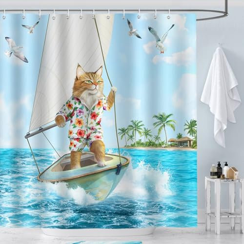 Dazzlewall Tenda da Doccia Divertenti Gatti Surfisti Gabbiani Marittimi Tenda per Doccia da Bagno 180x180cm, Impermeabile Antimuffa Tessuto Poliestere con 12 Ganci