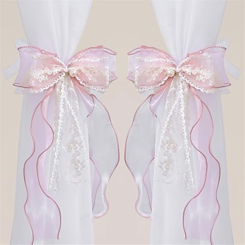 2 Stück Vorhang Raffhalter Mit Schleife, Doppelte Spitze Band Vorhang Krawatten, Vorhanghalter Raffhalter, Schlafzimmer Wohnzimmer Vorhang Krawatten (Rosa)