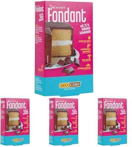 DECOCINO Fondant Schoko mit 25% Vollmilch-Schokolade ohne Palmöl, reißfest & stabil auf Sahne –ideale Backdeko zum Dekorieren von Kuchen & Torten (Packung mit 4)