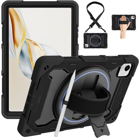 Junfire Case for Honor Pad X9a / X9 Pro 11.5 inch 2025, Shockproof Rugged Protective Case with Screen Protector Rotating Stand Hand Strap Shoulder Belt Pencil Holder for Honor X9a Tablet 11.5, Black