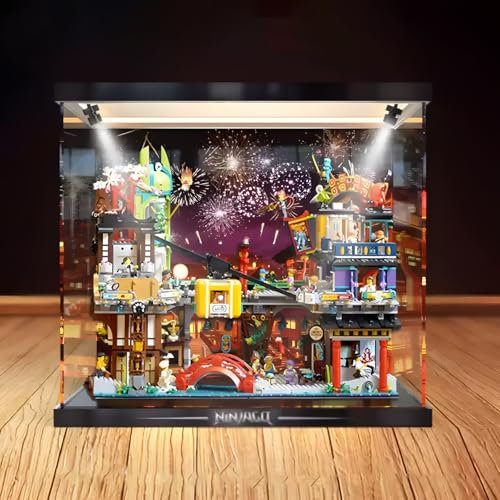Acryl-Vitrine für Le-go 71799 Ninjago City Market Bausteine Modell, transparent und staubdicht, Vitrine Geschenk (nur Vitrine) (Hintergrund mit Lichtern)