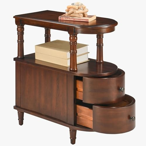MODERION Schmaler Beistelltisch mit 2 Schubladen und Stauraum, Retro Vintage Sofa-Beistelltisch, Holz-Telefontisch für Wohnzimmer, 29L x 59,5B x 64,2H cm, werkzeuglose Montage, Kirschbraun BG-A508-CY