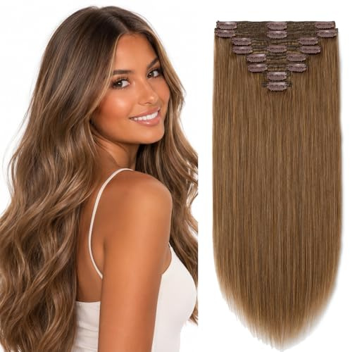Elailite Double Weft Clip in Hair Extensions Real Human Hair Thick Remy Natural Hair - 8 Pieces Full Head Straight - #6 Light Brown - 22 Inch 160g