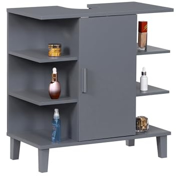 Relaxdays Waschbeckenunterschrank mit Tür und 6 Ablagen, HBT: 65x64x31 cm, MDF, Badunterschrank Waschbecken, blaugrau