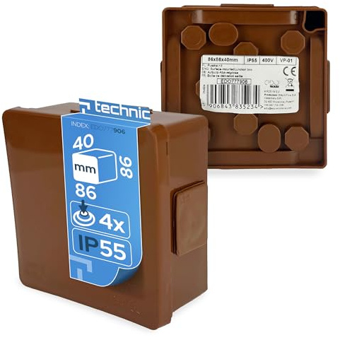 EDO Aufputz-Abzweigdose IP55 Wasserfest 86x86x40 mm Braun | 4-Einführungen, Halogenfrei –Verteilerdose / Anschlussdose mit Gummitüllen und Klickverschluss für Innen- und Außen