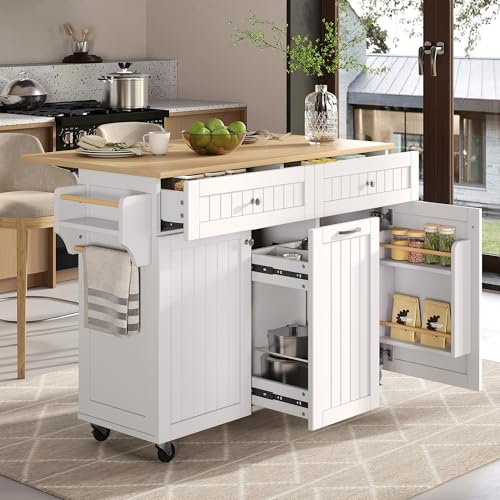 xixiworkshop Küchenschrank mit Klappbarer Arbeitsplatte,Verstellbare Trennwand,Küchenwagen mit 5 Rollen,Freistehende Kücheninsel mit 3 Schubladen,139.5 * 40(70) *92 cm(L*B*H),Weiß