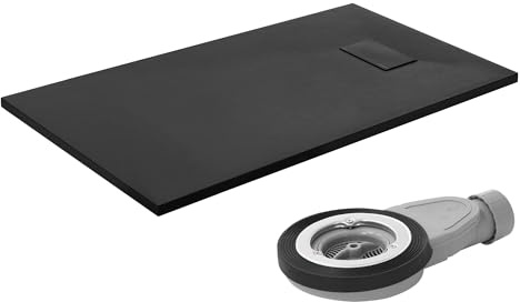 LuxeBath Piatto Doccia 120x70 cm Nero con Set di Scarico, Extra Piatto e Robusto in SMC, Vasca Doccia Rettangolare Altezza 3 cm, Design Effetto Ardesia con Superficie Antiscivolo, Facile Installazione