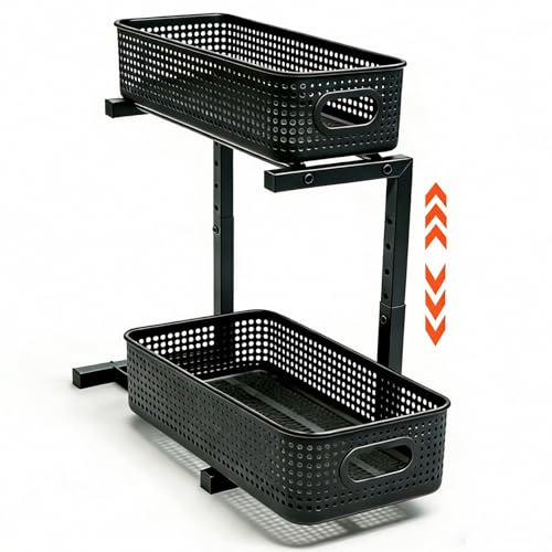 SkyerShoop Under Sink Storage Organiser, 2-Tier 30KG Pull-Out Black Rack | Sliding side design & adjustable height, space-saving multi-use rack for kitchen, bathroom, garage & utility room