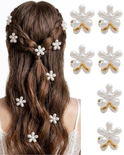 DAFNE 6 piezas Pearly Flower,Pequeños clips de pelo con flor de perla,para mujeres, niñas y cabello fino,Pinza dorada para el pelo elegante