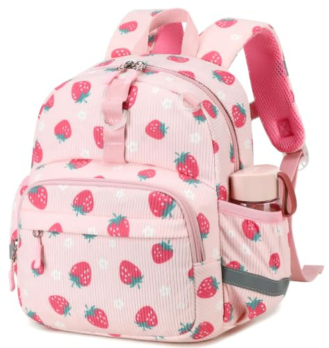LOIDOU Kleinkind-Rucksack für Mädchen 2–4 Jahre, 12 Zoll Mini-Kindergartenrucksack mit isolierter Fronttasche, 8 L Kita-Rucksack für Vorschule, Reise und Ausflug, Rosa Erdbeeren & Blumen