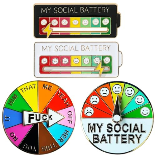 ENIXWH 4 Stück My Social Battery Pin Brosche Lustige soziale Batterie-Pins für Selbstausdruck Modisches Accessoire Emaille-Pins Rucksäcke Jacken Hüte