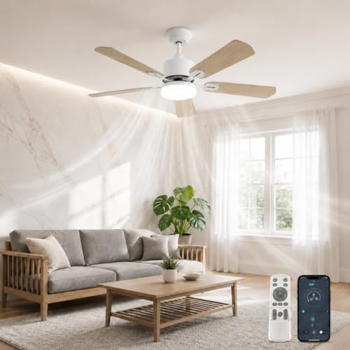 DATO Deckenventilator mit Beleuchtung und Fernbedienung,132 cm,5 Holzflügel,3 Farbtemperaturen,Timer,für Schlafzimmer und Wohnzimmer (Weiß, 132 cm)