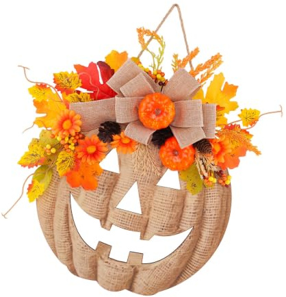 Holz-Kürbis-Wanddekoration mit Juteband, künstlichem Blumenlaub und Kürbis-Akzent für Halloween-Türdekoration und Herbst-Eingang, Fenster-Display, Halloween, Türhänger, Herbst-Holzschild, Juteband