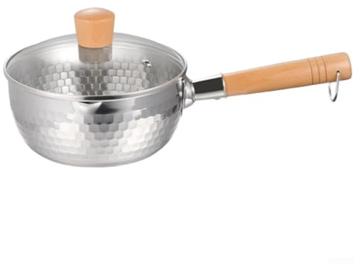 Vilgftyiet Japansk stil snöpanna i rostfritt stål, non-stick matlagningsgryta med lock och V-pip för induktion, hamrad textur för soppor och mjölk, silver 38,5 cm (20 cm)