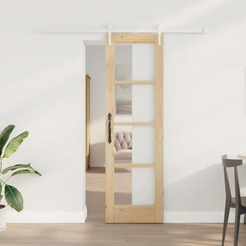 Augerlite Puerta corredera de madera maciza de pino con cristal transparente, 61 x 198,5 cm, con mecanismo deslizante para interiores, para salón, dormitorio, cocina, transiciones que ahorran espacio