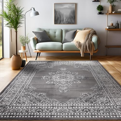 SIMPEX Orientalischer Teppich Wohnzimmer, Schlafzimmer, Esszimmer, Läufer, Flur Boho Teppich Kurzflor Weich 12 mm Carpet Orient, Grau, 240 x 340 cm
