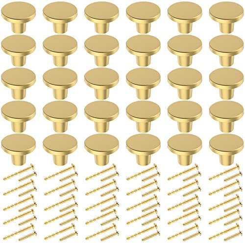 BIGLUFU 25mm/1 inch Brass, Gold Kitchen Cabinet Knobs - Round, Door & Dresser Drawer Handles (Gold 30-Pack)