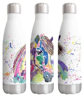 Vixar Pony Horse Pet Watercolour rainbow art Bottle double Wall insulated Stainless steel sport Drinks 500ml WHITE Gift ideal for school work office Oudoor sports keeps Hot and Cold Drinks