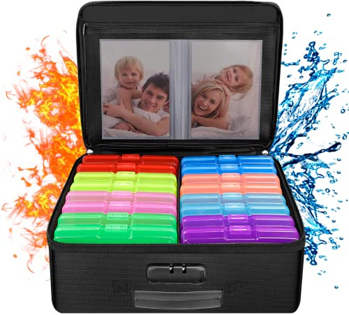 Feuerfeste Foto-Aufbewahrungsbox mit 16 inneren 10.2x15.2 cm Fotohüllen (mehrfarbig), ENGPOW Foto-Organizer-Box mit Schloss, faltbar, tragbar, Bilder, Handwerk