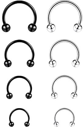 Longbeauty 16G Hufeisen Piercing Ringe 8Pcs EdelStahl Nasenringe mit Kugeln zum Schrauben Septum Helix Tragus Nase Lippe Augenbraue Ohr Piercing Schmuck CBR 6mm-12mm, Silber/Schwarz