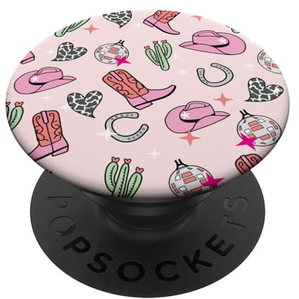 Cowboy Hat & Boot & Disco Ball Pattern Pink Cowgirl PopSockets Adhesive PopGrip