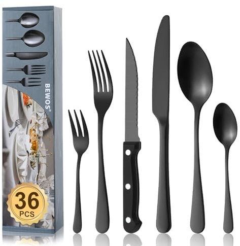 BEWOS Juego de Negro cubiertos para 6 personas, cuberteria acero inoxidable de 36 piezas con cuchillos para carne, Cuchillo Cuchara Tenedor Cubiertos Set Espejo Pulido, Apto para Lavavajillas