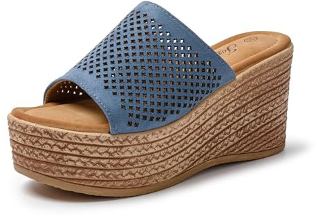 JOMIX Sandalen Damen Sommer Plateau Keilabsatz Schuhe Damen Slipper Elegante Sommerschuhe Bohemian Pantoletten (Blau, 41 EU, SD9097)