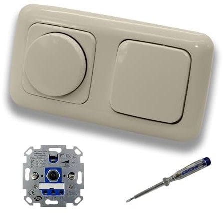 REV Ritter LED Drehdimmer Dimmer + Busch Jäger Dimmerscheibe 2115-212 und Lichtschalter 2000/6 US in DURO2000 cremeweiß glänzend inklusive EBROM Phasenprüfer zur Montage der Geräte ET1 66012B