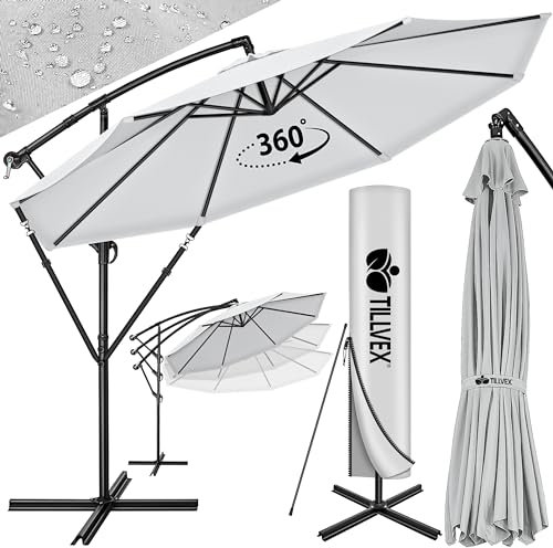 tillvex Parasol déporté hexagonale 3M50 avec manivelle, couverture & paravent | Pare-soleil avec pied | Protection UV en aluminium pour le jardin | Parasol à manivelle pour le marché déperlant(Gris)