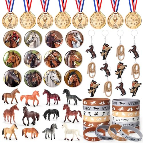 Tacobear Pferde Mitgebsel Kindergeburtstag Give Aways Gastgeschenk mit Pferde Figuren Medaillen Schlüsselanhänger Silikon Armband Abzeichen Pferd Party Mitgebsel Pinata Füllung Kinder 6 7 8 9 10 Jahre