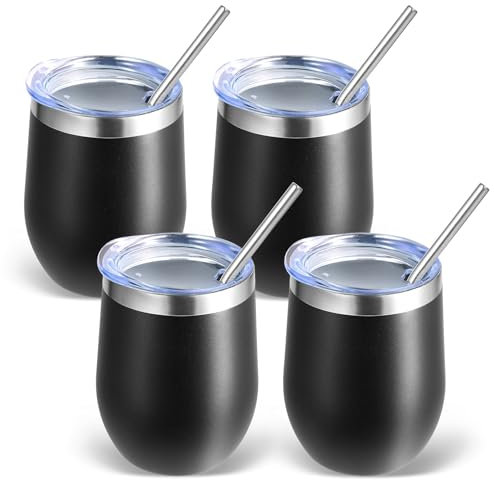 Volhoply 12oz Stainless Steel Wine Tumbler with Lid Bulk 4 Pack,350ml Double Wall Vacuum Stemless Wine Glasses,Metal Travel Coffee Mug with Straw,Insulated Cup Gifts for Women,Christmas(Black,4 Set)