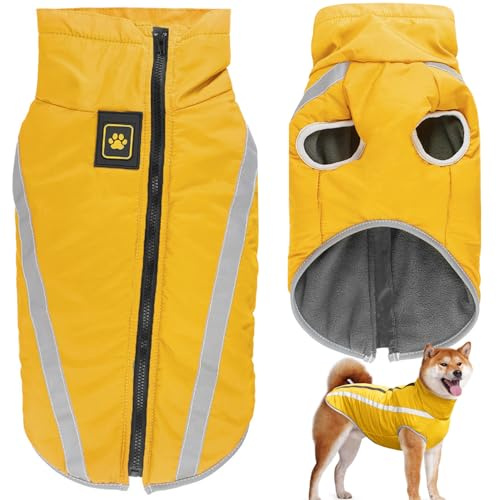 Dolahovy wasserdichte Hundemantel Winter Warme Jacke,Winddichte Haustier Kleidung Hunde Mantel Fleece Jacken Outfit für kleine mittlere große Hunde Weste mit Harness Loch XL-6XL (Gelb, XL)