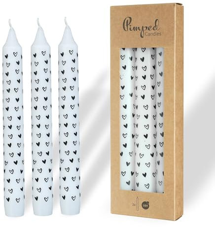 COMFORDER Stabkerzen Set bedruckt, 3x Tafelkerzen mit Motiven – kleine Herzen, 20cm, 7 Stunden Brenndauer (Weiß + Schwarz)