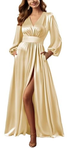 YIANN Long Sleeve Champagne Bridesmaid Dresses with Pockets A Line Fall Satin Prom Dress with Slit for Women UK14