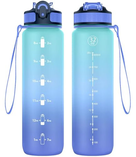NAVTUE Trinkflasche, 1l Wasserflasche mit Strohhalm, BPA-frei, Zeitmarkierungen, Auslaufsicher Sport trinkflasche für Fitness, Radfahren, Büro, Laufen, Fitnessstudio, Yoga (1L GrünBlau)
