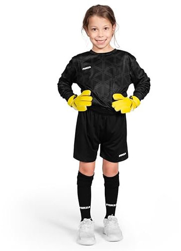 FORZA Kids' Goalkeeper Long Sleeve Kit – Breathable & Sweat-Wicking Football Goalie Set – Includes Shirt, Shorts & Knee-High Socks (Black, Age 7-8)