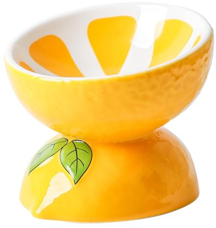 Yellow Lemon Ceramic Cat Bowls, Tilted Elevated Dog Food Bowl, Porcelain Raised Pet Bowl for Adult Kitten Puppy, 180ml