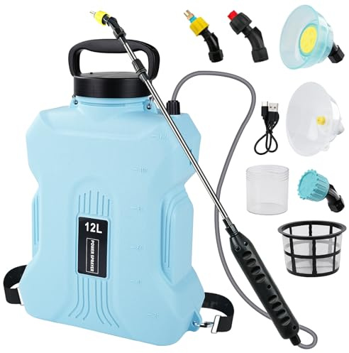 Nikou Pulverizador Electrico de Mochila 12L, Sulfatadora Bateria Pulverizadors Plantas Recargable con 5 Boquillas, Varilla Retráctil, USB, Pulverizador a Presión para Jardín Huerto Riego
